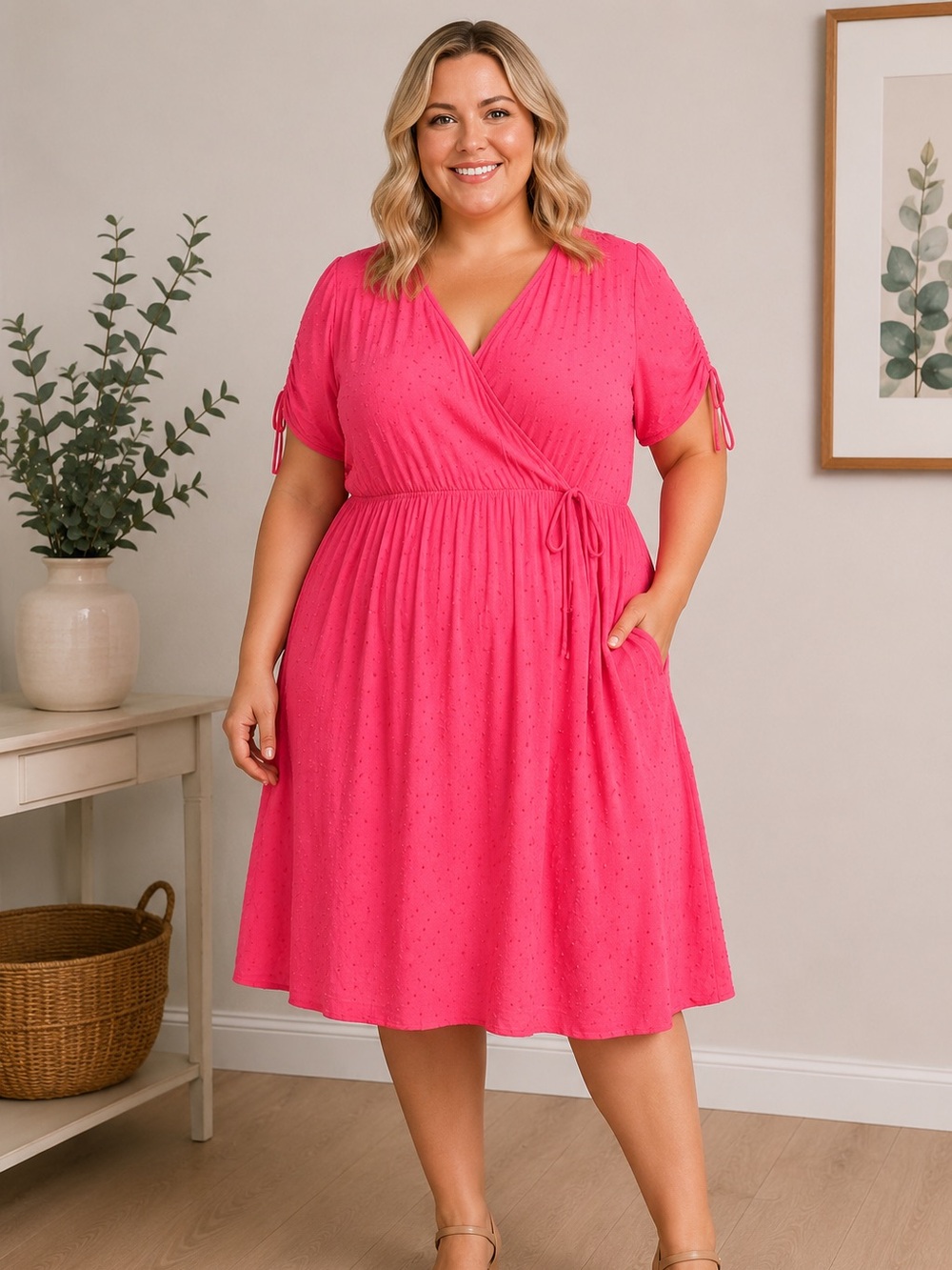 Torrid Size 3 Pink Swiss Dot Faux Wrap Dress Short Sleeve Plus Size